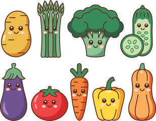 A delightful set of cute cartoon vegetable characters with smiling faces. Kawaii food illustration collection isolated on a white background
