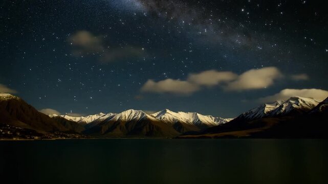 A serene night view of snow-capped mountains under a starry sky in Queenstown, New Zealand