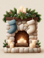 Cozy decorative fireplace with stockings and candles for a festive atmosphere