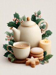 Cozy tea setup with cookies and festive decorations on a winter afternoon
