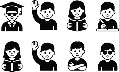 Diverse Students Minimalist Icon Set for Education and Learning