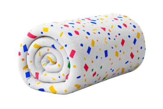 A rolled-up fluffy white blanket with a colorful confetti pattern. background removed - Powered by Adobe
