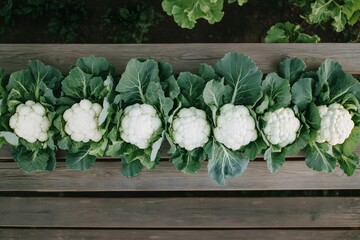 Neatly aligned row of fresh organic cauliflower heads with lush green leaves placed on wooden surface outdoors