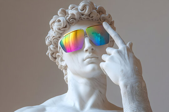 Neo classical marble statue of male figure with modern twist sunglasses