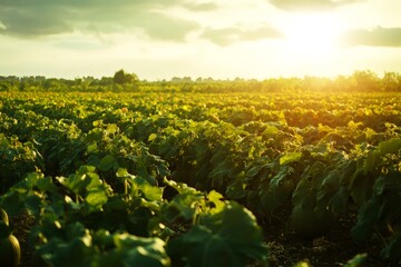 Vibrant rows of green pumpkins growing on fertile farmland vines under warm glowing sunlight on a summer evening