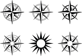 Collection of Six Stylized Black and White Compass Rose Designs