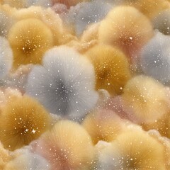 Soft, colorful clouds with sparkling elements create a dreamy atmosphere in a serene pattern