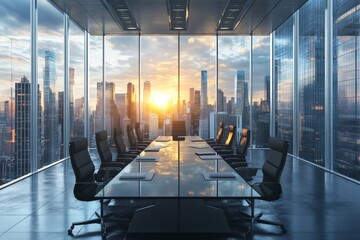 Obraz na płótnie Canvas Contemporary office boardroom with sleek design and stunning city skyline view at sunset, symbolizing corporate success