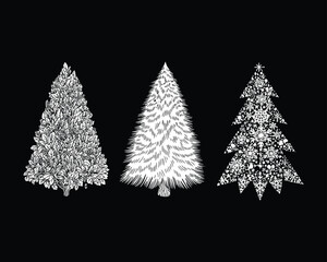 Elegant Trio Black and White Christmas Tree Illustrations