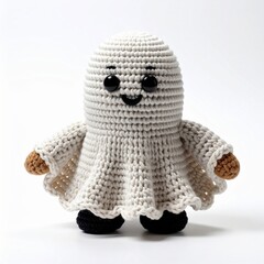 Crocheted Ghost Figure on White Background with Rounded Black Eyes and Tan Hands