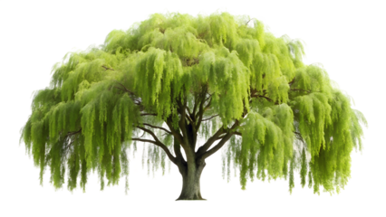 A lush green willow tree with cascading branches, isolated on transparent background, creating a serene and vibrant image of natures beauty and tranquility