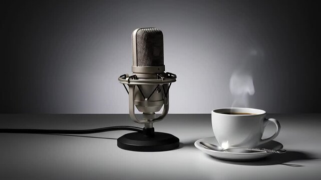 Retro Microphone And Steaming Coffee Cup On White Surface With Dim Lighting