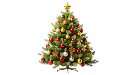A beautifully decorated christmas tree adorned with colorful ornaments and a shining star on top, standing against a clean white backdrop isolated on transparent background