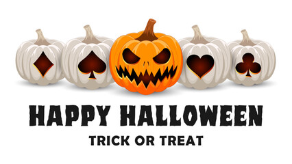 Gambling pumpkins for Halloween. Halloween casino and poker banner. Pumpkin with playing card suits: Spades, Diamonds, Clubs, Hearts. Vector illustration