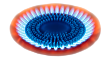 A closeup view of a gas stove burner with blue and orange flames, isolated on a transparent background