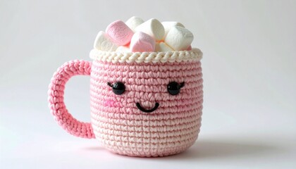 Cute Crochet Pink Mug Filled with Marshmallows on White Background