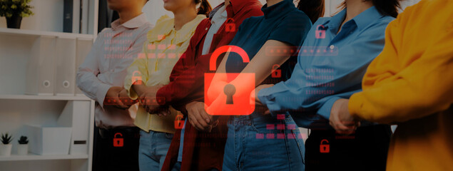 A diverse group of business individuals stand poised in a modern office, with graphic lock symbols overlaying them, suggesting themes of security and collaboration in the workplace. Trope
