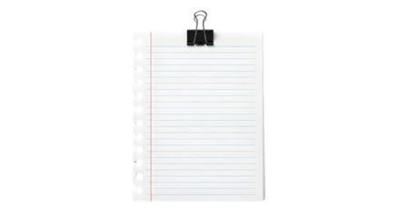 Torn lined paper sheet held by a black binder clip isolated on transparent background