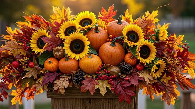 Vibrant autumn harvest display with sunflowers, pumpkins, and fall leaves