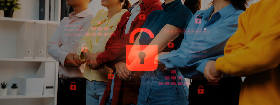 A diverse group of business individuals stand poised in a modern office, with graphic lock symbols overlaying them, suggesting themes of security and collaboration in the workplace. Trope