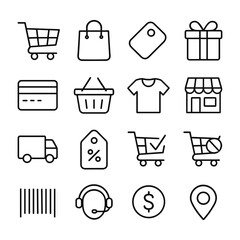Shopping icon set vector graphics. Outline symbols. Line design
