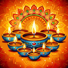 Vibrant Diwali Celebration A Mandala of Lit Diyas Illuminating a Festive Orange Backdrop	
