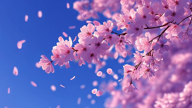 Romantic cherry blossom scene gentle breeze soft petals falling ai generated video. Spring nature cherry blossoms swaying branches falling petals cinematic ai generated video.