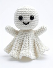 Adorable White Crochet Ghost Figure Smiling on Clean Background Handmade Decoration
