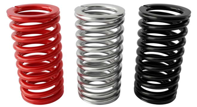 Three industrial coil springs in red, silver, and black, isolated on transparent background