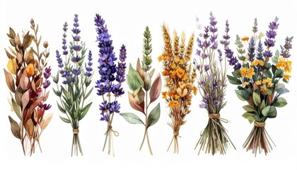 Collection of Watercolor Floral Bouquets with Lavender and Yellow Flowers on White Background