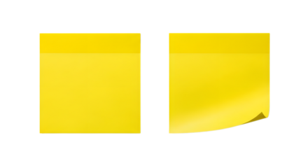 Two bright yellow sticky notes, one flat and one with a curled corner, perfect for reminders and notes, isolated on a transparent background