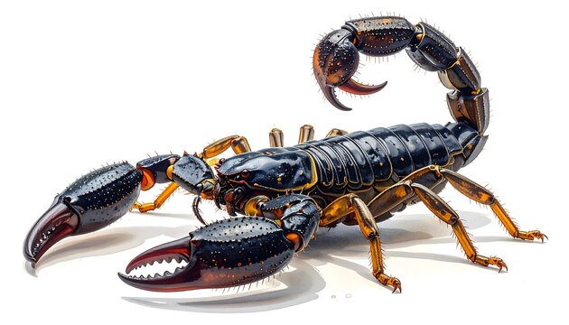 A scorpion in profile view, detailed and sharp, set against a pure white backdrop - Powered by Adobe