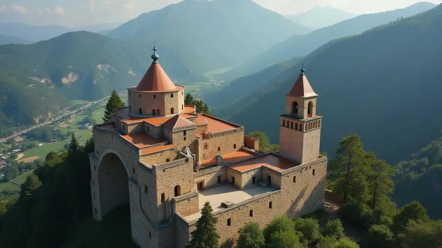 An aerial view of a historic site nestled in the mountains, showcasing stunning architecture and a picturesque landscape in the surrounding area.