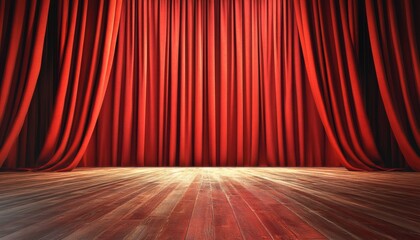 A stage with rich red curtains and a dark brown wooden floor is well lit and prepared for an upcoming show.