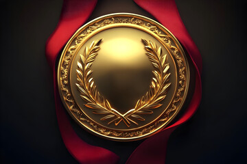Elegant design of a realistic golden award badge surrounded by red ribbon for prestigious recognition