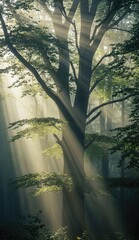 Light beams through trees in a foggy forest