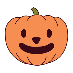 Halloween pumpkin, jack o lantern with carved face, isolated on transparent. Hand drawn line vector illustration. Funny cartoon character. Traditional holiday design element, clip art