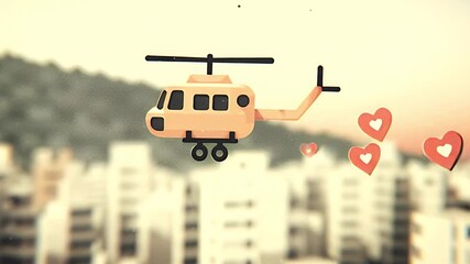 Cartoon style 2d animation romantic scene sweet affectionate tender feelings ai generated video. Animated helicopter hearts love romance valentine day flight aerial cityscape ai generated video.