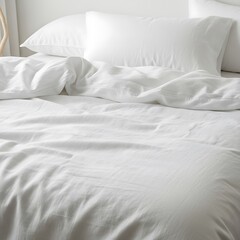 Crisp white linens drape a bed, showcasing a serene and minimalist bedroom aesthetic.