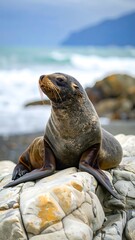 Seal resting on rocks by the ocean