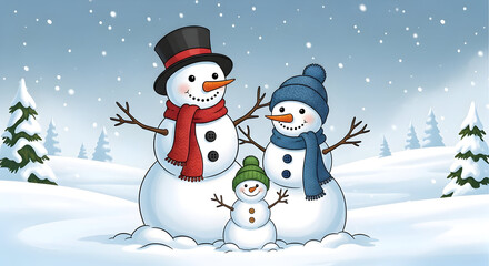 Obraz premium Family of three snowmen dressed in winter scarves and hats stand together happily in a snowy outdoor landscape during snowfall.