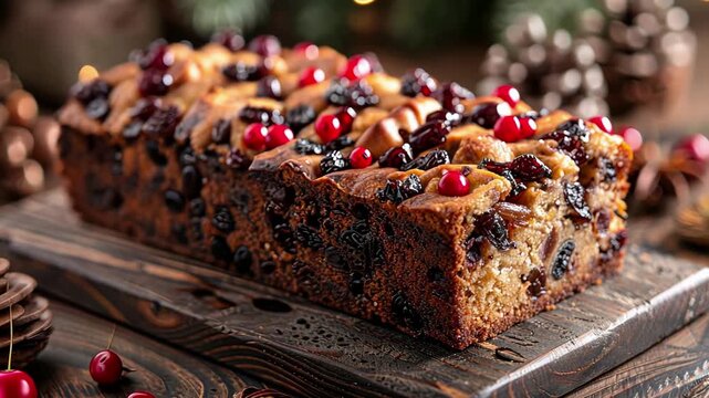 Closeup of festive fruitcake with cranberries and nuts on rustic wooden board