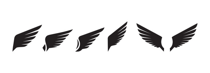 Fototapeta premium Wings icon set. Black silhouette vector of angel wings, bird wings, feather design, flying symbol, freedom, spiritual, tattoo design, abstract wing shapes, decorative illustration isolated on white.