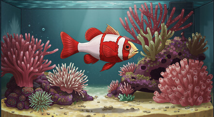 Cardinalfish swimming in an aquarium surrounded by coral reefs  