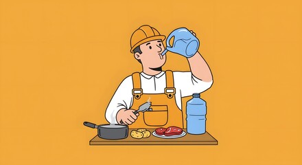 Dedicated worker hydrating with a refreshing drink and preparing a nutritious meal, illustrating essential self-care and sustenance during a busy work schedule
