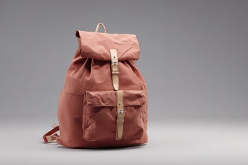 A stylish backpack in a soft and elegant color. The backpack features a flap closure and a front pocket