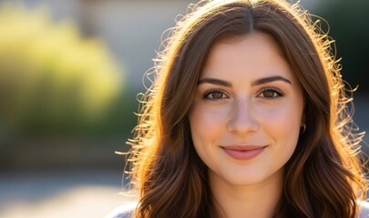 Portrait of a woman with auburn hair smiling warmly Backlit for a sunny glow