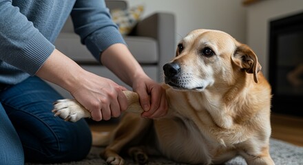 Caring owner checking dog's paw health at home with love and kindness today now