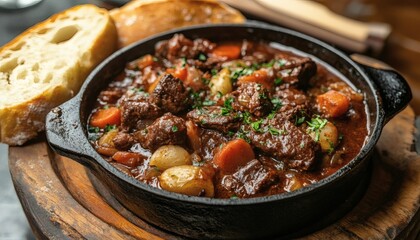 A hearty beef stew with carrots, onions, and potatoes is served in a dark-colored cast iron pot, accompanied by slices of crusty bread.