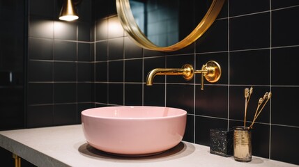 maximalist bathroom, black tiles, blush pink sink, gold hardware, round mirror, cinematic warm light